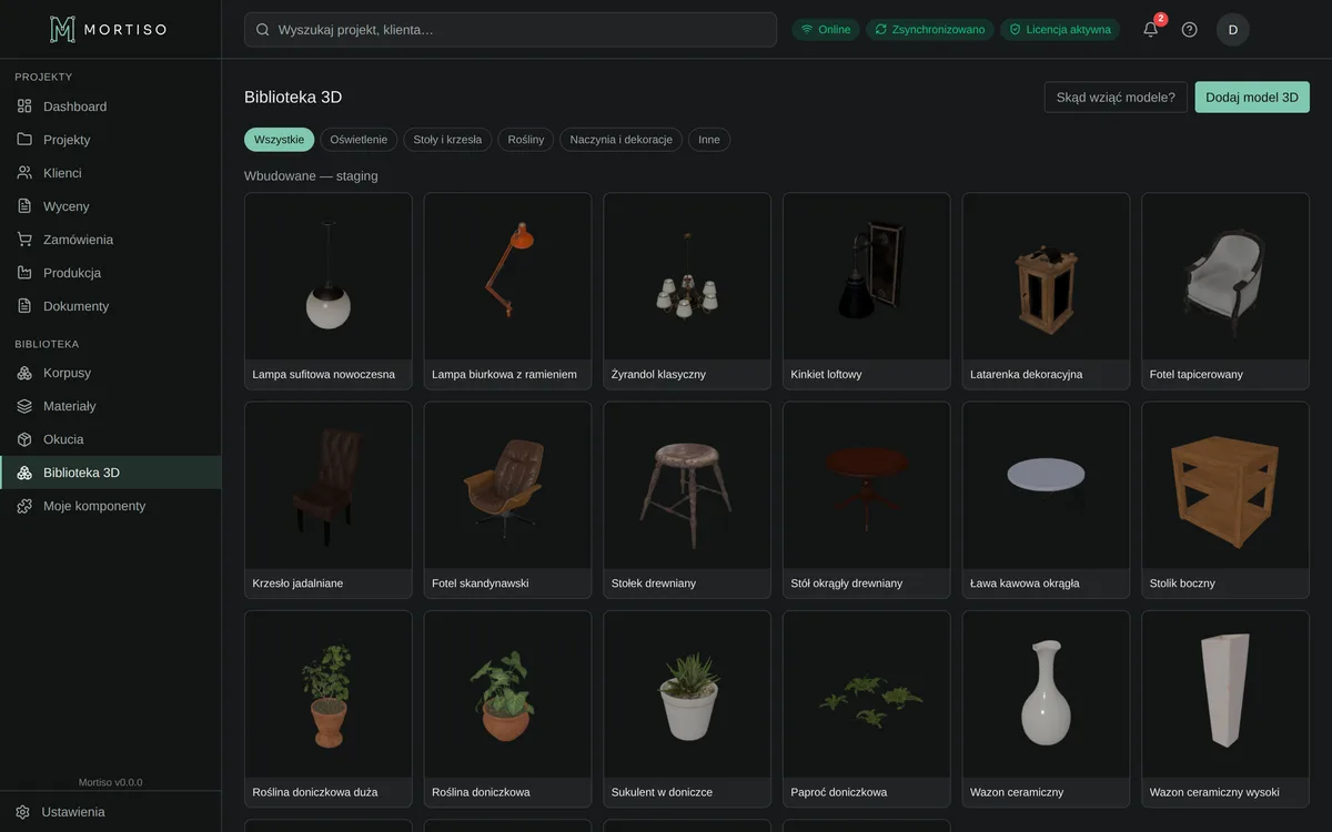Biblioteka modeli 3D do aranżacji wnętrza: lampy, krzesła, rośliny i dekoracje
