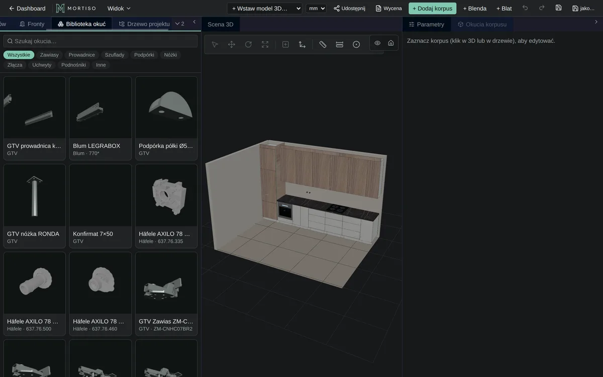 Biblioteka okuć z modelami 3D prowadnic i zawiasów Blum oraz GTV