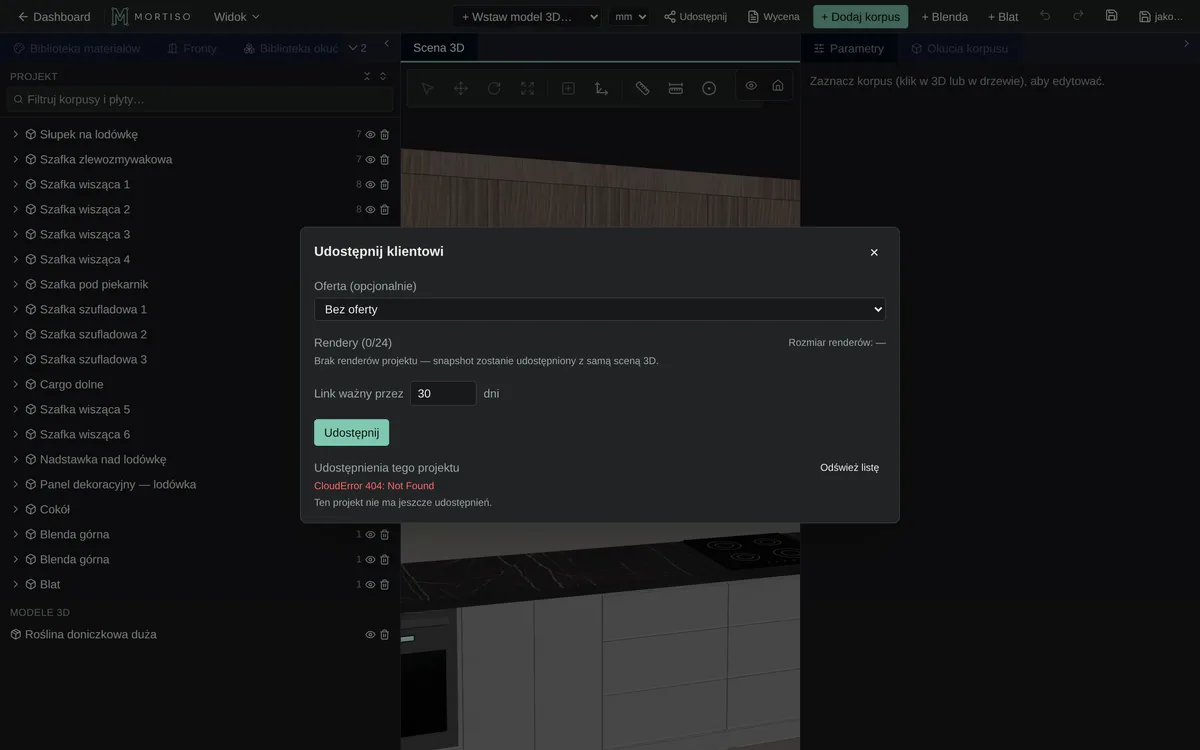 Okno udostępniania projektu klientowi — link do podglądu 3D z wyborem zakresu danych